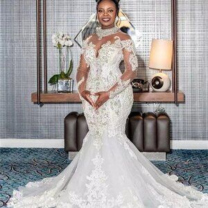 IS-NWT US18 Luxury Sexy Mermaid Wedding Dress High Neck Tulle Lace Bridal Gowns